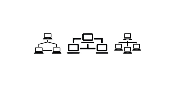 Simple network diagrams with computers connected in different configurations representing technology and communication concepts icons