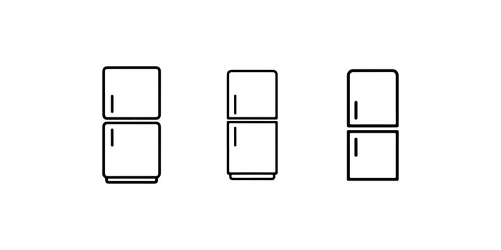 Outline icons of refrigerators with two doors in different styles representing kitchen appliances and cold storage solutions