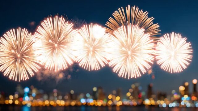 Festive Fireworks Display over City Skyline: Vibrant fireworks explode in a kaleidoscope of colors against the backdrop of a twinkling cityscape, symbolizing celebration and festivity.