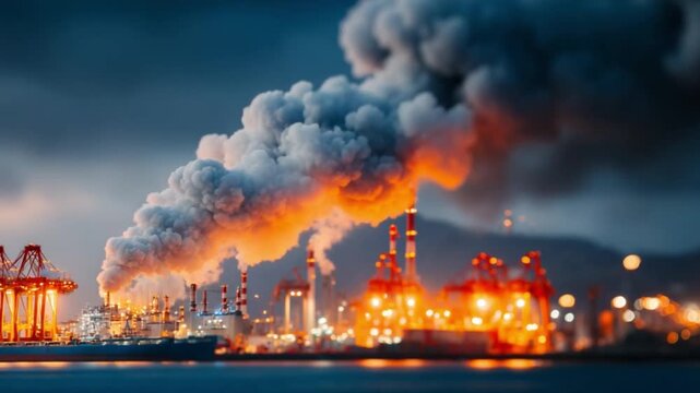 Industrial Skyline: A cityscape dominated by industrial complexes, spewing thick plumes of smoke into the sky, symbolizing environmental pollution and the impact of industry.