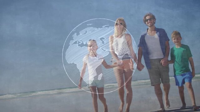 Family walking holding hands on beach, motion causing sketch globe rotating across group for travel