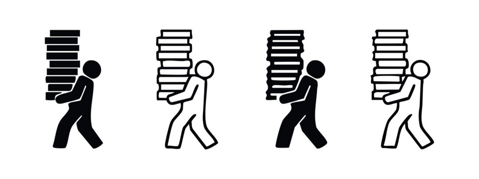 Person carrying a heavy stack of books or documents icon set. Workload, education, and information burden vector illustration.