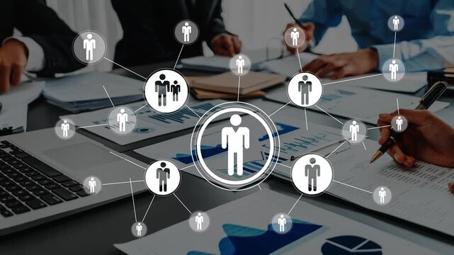 Business Networking Concept with People Connection Icons Around Table in Modern Office Environment for Collaboration and Teamwork Illustration Gluon.