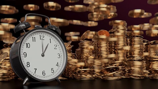 Retro alarm clock with rapidly spinning hands as gold coins fall and stack in a 3D animation. Financial growth, investment, inflation, crypto trading, and retirement planning backgrounds