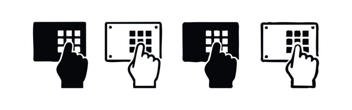 Hand pressing keypad icon set. Finger entering password or access code on a security panel vector illustration.
