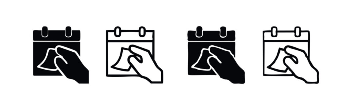 Hand wiping off a calendar icon set, symbolizing schedule update, event cancellation or cleaning a date.