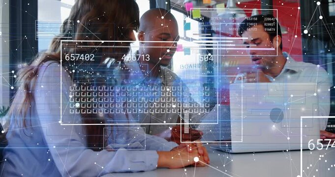 Vertical video: Center man tapping phone, drawing team leaning in while HUD updating business data