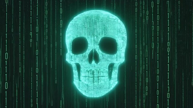 Digital blue skull with circuit board texture and binary code background futuristic technology concept