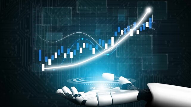 A futuristic robotic hand showcases a data visualization with upward trends and graphs, symbolizing the integration of AI and technology in the finance industry. Copula