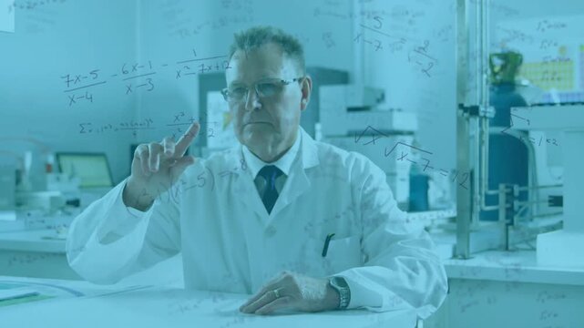 Senior scientist lifting finger and pointing at clear pane, equations intensifying for research