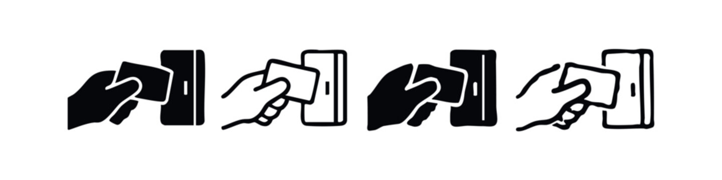 Hand inserting card into mobile device icon set. Payment or data transfer symbol.
