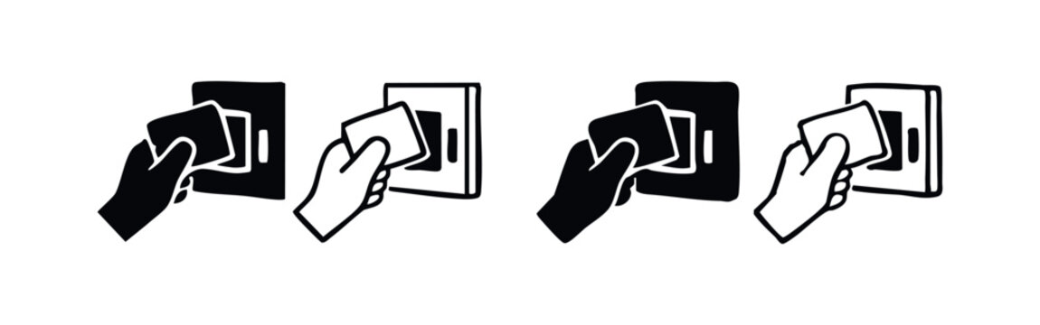 Hand inserting card icon set. Payment or access control symbol collection.