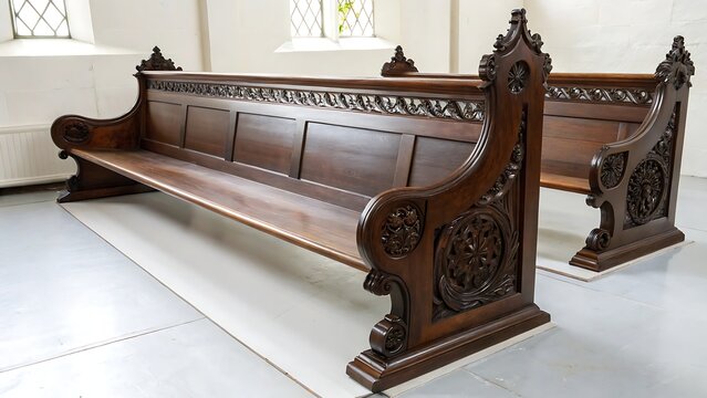 Dark brown wooden church pew with ornate details. With shadow. AI GENERATED.