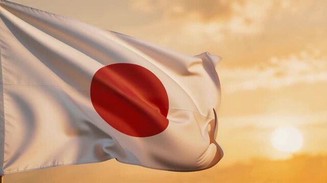 Japanese national flag waving with sunset sky background symbolizing Japan culture and heritage