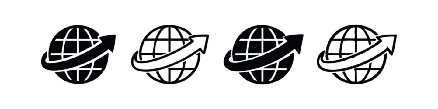 Globe with upward arrow icons set. Global growth, international business, and progress concept.