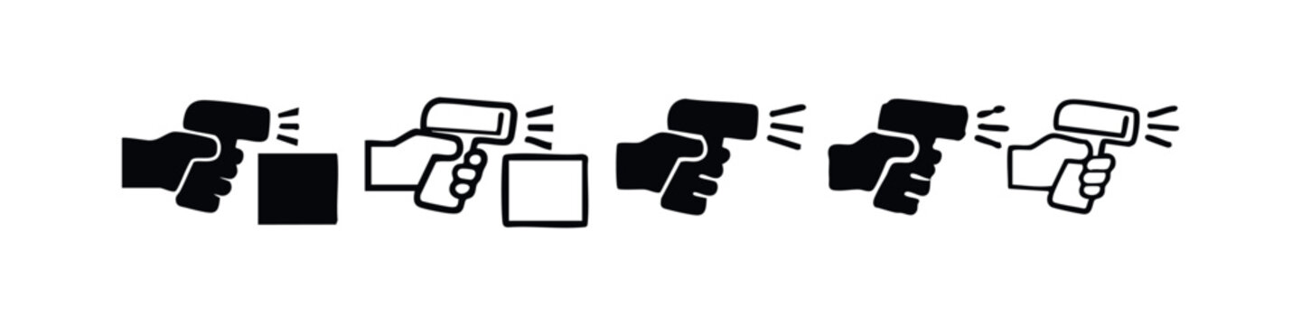 Hand holding non-contact thermometer icons set. Temperature check, health screening, and safety concept.