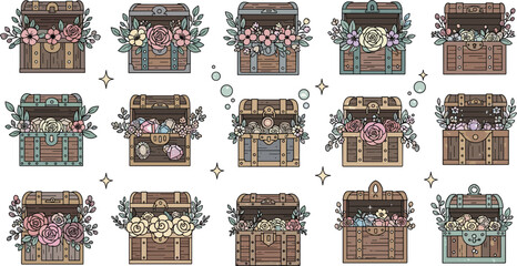 Vintage wooden treasure chest vector collection featuring open trunks overflowing with colorful blooming flowers and decorative botanical elements for romantic or whimsical designs. © MdGohurul