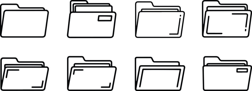 A set of vector line art silhouettes of file folders in various states of being open or closed