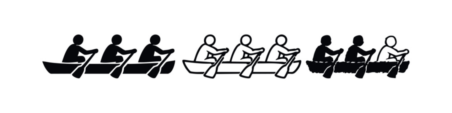 Team Rowing Icon Set, People in a Boat with Oars Symbol, Synchronized Effort Pictogram Collection