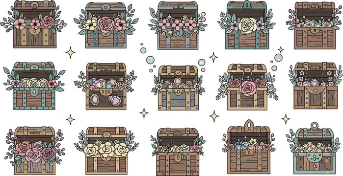 Vintage wooden treasure chest vector collection featuring open trunks overflowing with colorful blooming flowers and decorative botanical elements for romantic or whimsical designs.