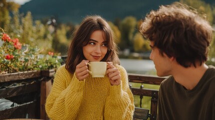 Fototapeta premium Young Couple Enjoying Coffee on Balcony with Scenic View, Embracing Cozy Autumnal Atmosphere and Connection