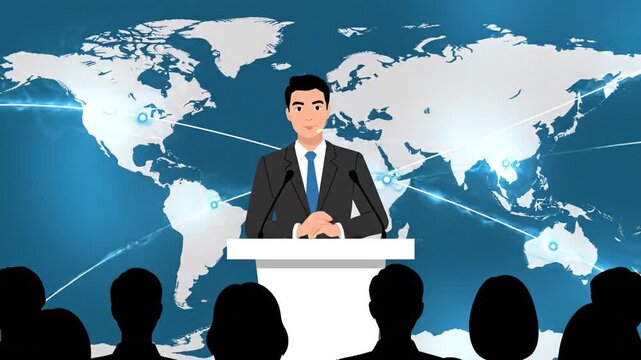Global business presentation with animated speaker at podium and audience silhouettes against a world map background