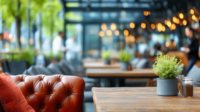 Cozy Cafe Scene: Capturing the inviting interior of a charming cafe, this image showcases wooden tables, soft leather seating, and decorative plants, all bathed in the warm glow of ambient lighting. 