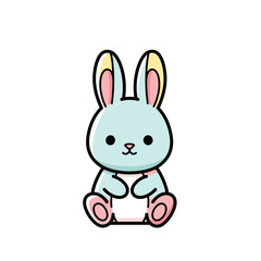 Fototapeta premium Cute blue cartoon bunny rabbit with pink ears and paws, simple illustration, isolated on white background.