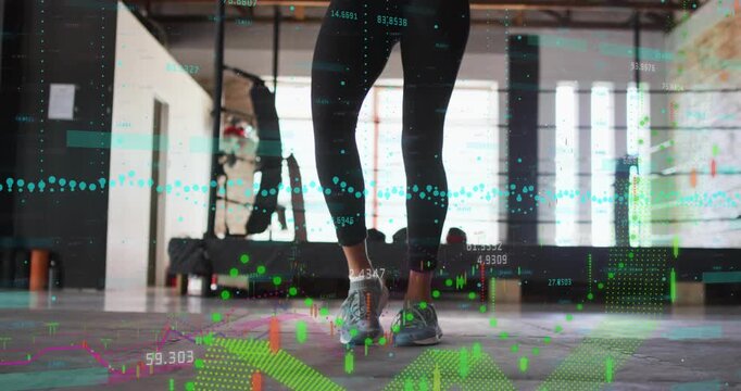 Vertical video: Woman starting tiptoe and doing footwork drill for fitness, overlays showing graphs