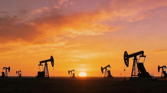 Sunset view of oil pump jacks extracting crude oil in an industrial energy landscape