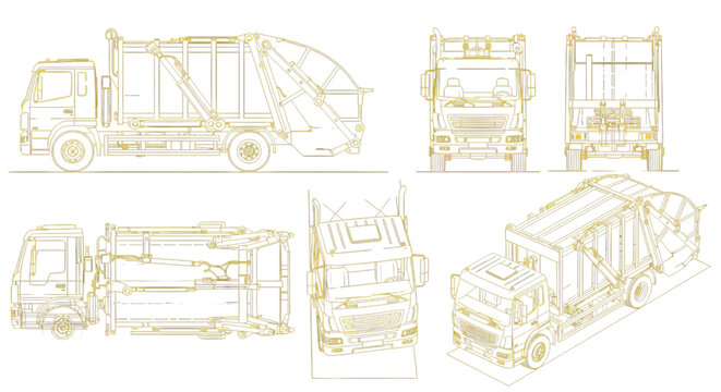 Garbage Truck AutoCAD Blueprint Vector &ndash; Waste Collection Lorry Technical Multiview Yellow Outline Drawing