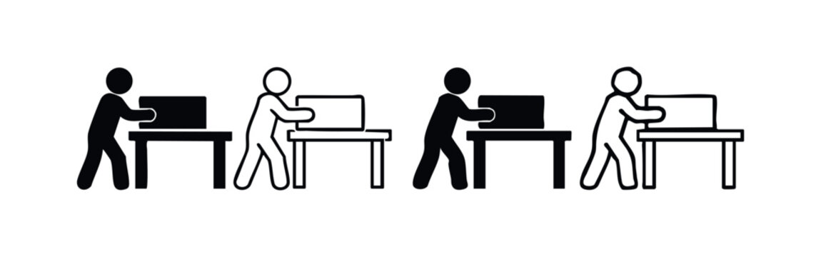 Icon set of a person setting up a computer monitor on a desk, representing IT installation and office work.