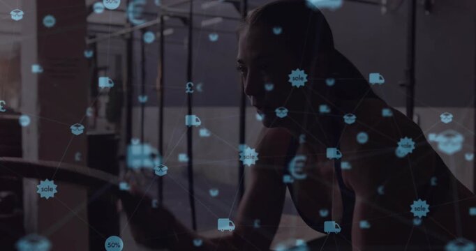 Woman trainer reaching and adjusting bench in gym as ecommerce icons clustering near hands and face