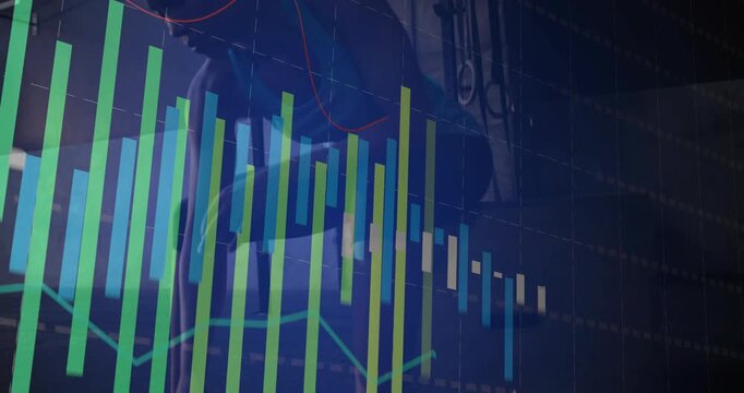 Woman pedaling on bike, bar chart updating overlaying reflection while tracking fitness