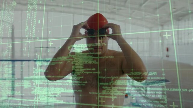 Male swimmer raising hands then fitting goggles in pool while preparing, HUD overlay aligning fit