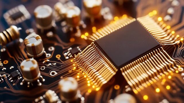 Slow motion pan tracking dolly of microchip glowing leds on printed circuit board close up  