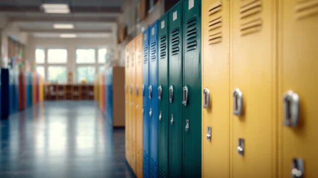 School Locker Perspective: A vivid perspective through a school hallway, lined with colorful lockers. This image captures the essence of a lively educational environment.