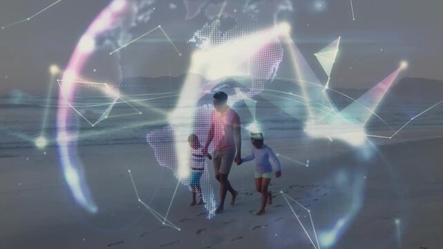 Man walking two kids along shore steps sparking nodes forming rotating tech hologram around trio