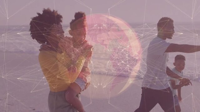 Family walking beach man pointing starting pulsing orb morphing to wire mesh guiding kids for tech