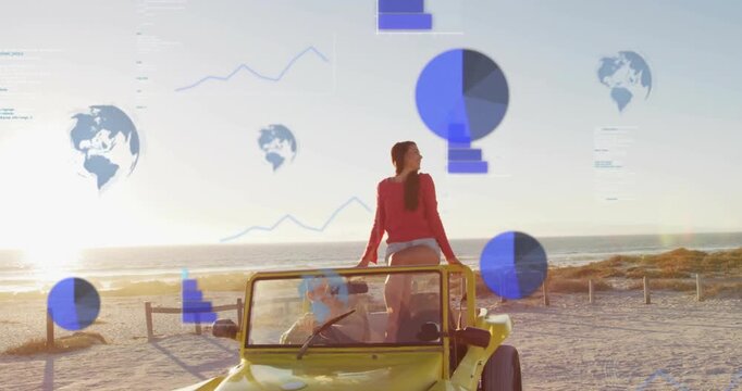 Buggy stopping triggers woman climbing, raising arms, sitting rollbar, charts showing, for sunset