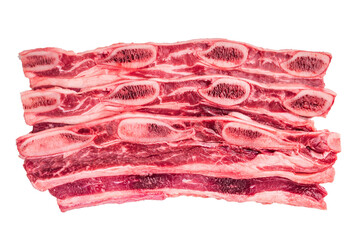 raw Flanken cut beef short rib (Kalbi/Galbi) on a clean white background. Perfect for grilling and marinade concepts. © Mironov