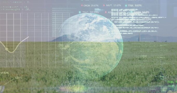 System initializing HUD, globe overlay rotating and animating graphs for monitoring wind energy