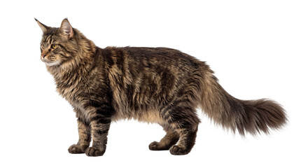 Majestic brown tabby Maine Coon cat standing, its long fluffy fur beautifully isolated on a...