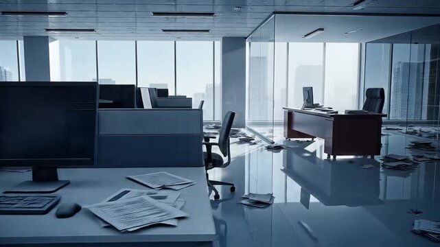 Contemporary workspace sits desolate, its scattered papers symbolizing a swift corporate downfall.
