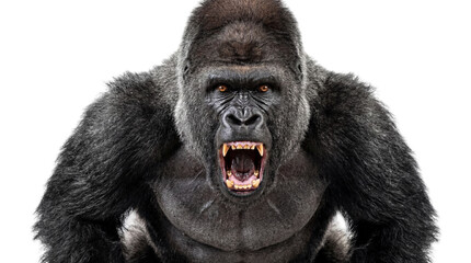 Powerful silverback gorilla roaring aggressively, mouth open with bared teeth, its imposing figure isolated on transparent background, wild animal © Irina