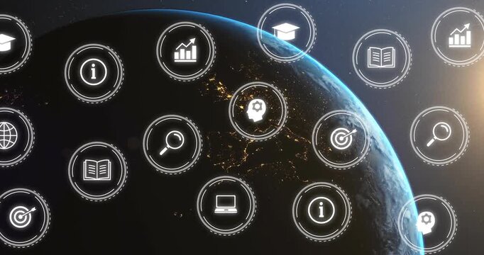 Planet rotating with city lights, star rising causing tech icons brightening, organizing into grid