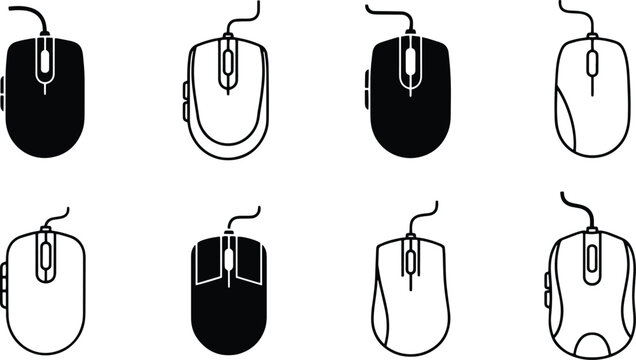 A set of vector line art computer mouse silhouettes in various designs and styles for digital use