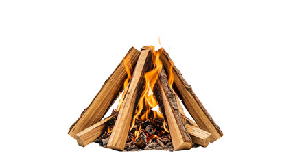 Vibrant campfire with burning wooden logs and bright orange flames, radiating warmth and light, isolated PNG for outdoor activities, camping, and survival © Irina