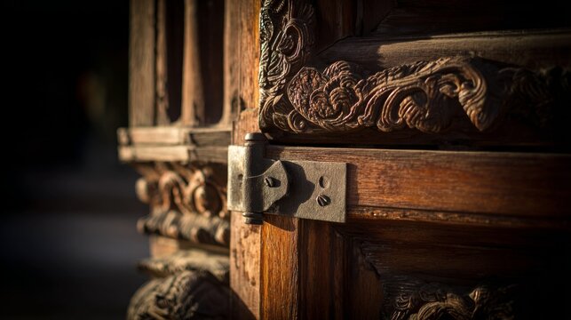 Close-up side view of an ancient wooden door, showcasing intricate carvings on the door jamb and a heavy metal hinge. Textured wood grain, detailed craftsmanship, soft directional light.