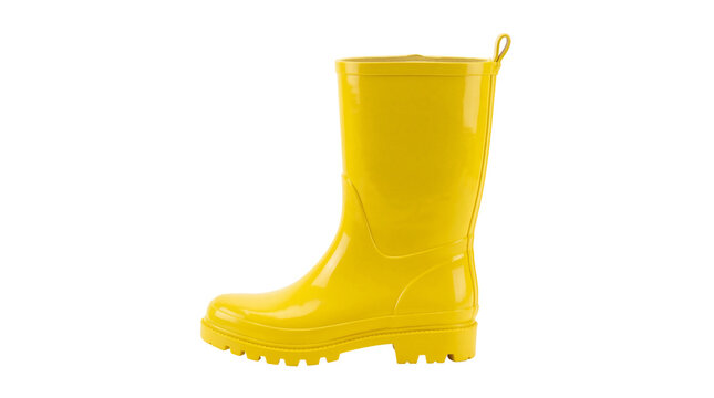 Vibrant yellow rubber rain boot PNG, perfectly isolated on a transparent background, ready for wet weather adventures and outdoor activities
